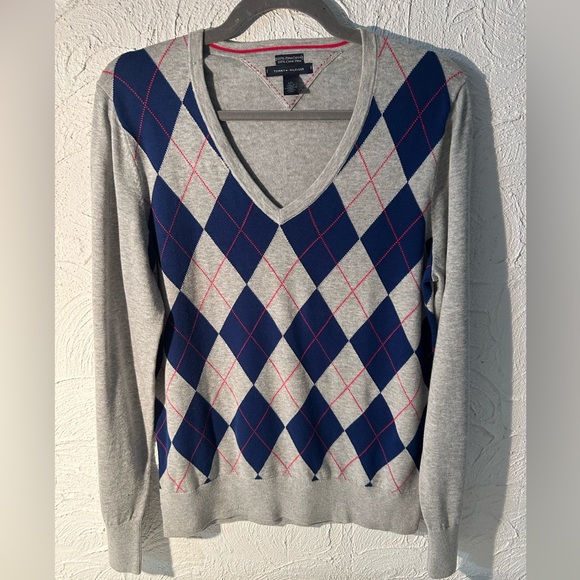 Tommy Hilfiger Grey Blue Argyle Pattern Pullover Pima Cotton Jumper/Sweater - Picture 1 of 5